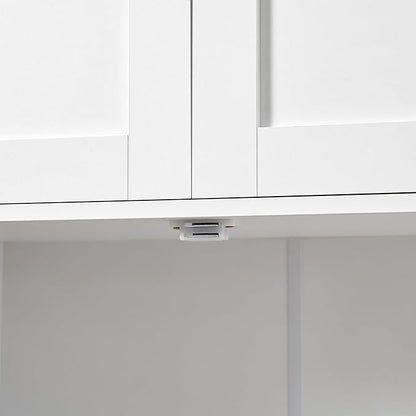 TEENFON Bathroom Floor Storage Cabinet, Freestanding Bathroom Storage Unit with 2 Adjustable Shelves & 4 Doors, White