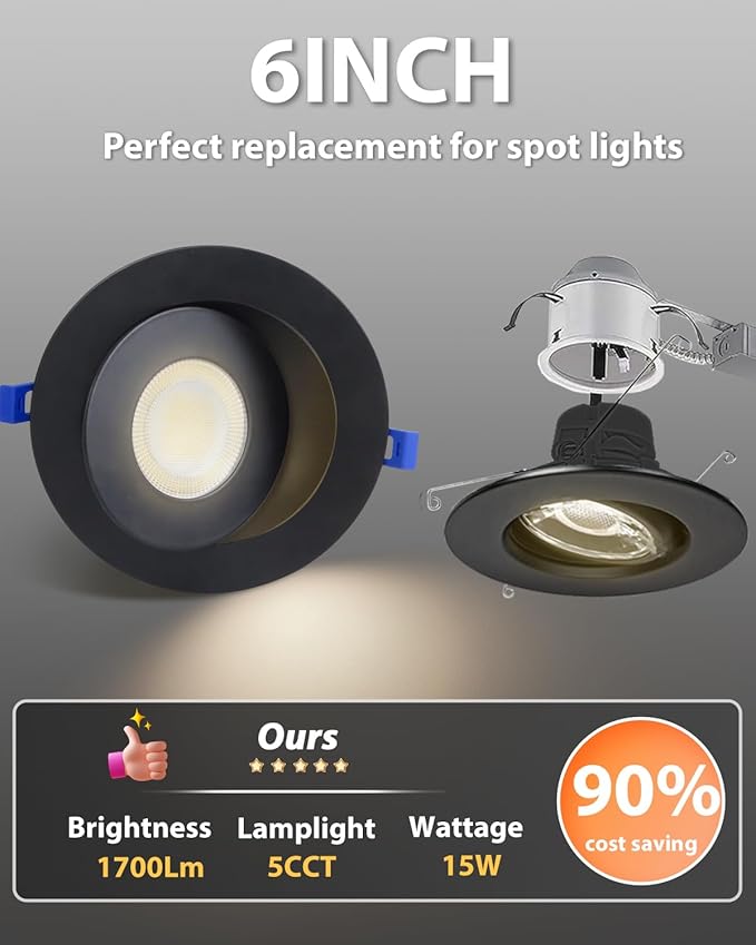 Adetu Led Recessed Lighting 6 inch, 360°+90° Adjustable Directional Gimbal 6 inch Led Recessed Light, 2700K-5000K 5CCT Dimmable Retrofit Eyeball Can Recessed Lights with Jbox, ET (Black,6 Pack)