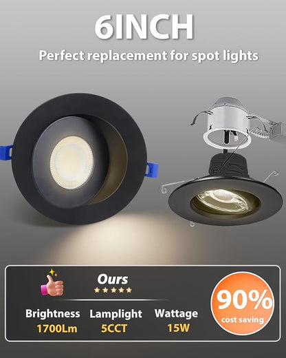 Adetu Recessed Lighting 6 inch, 360°+90° Adjustable Directional 6 inch 5CCT Gimbal Black Led Recessed Lighting, 2700K-5000K Dimmable Retrofit Eyeball Can Recessed Lights with Jbox, ET（Black-12 Pack）