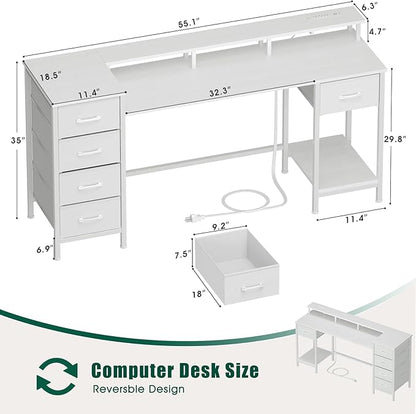 55 Inch Gaming Desk with Power Outlets and LED Lights, Reversible Computer Desk with 5 Fabric Storage Drawers, Home Office Desk with Monitor Stand for Working Writing Study, White