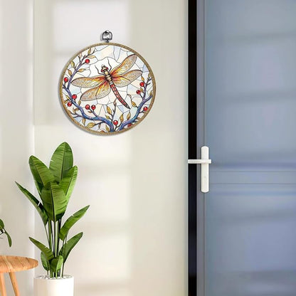 Cute Flower Dragonfly Gifts for Women Men, Garden Dragonfly Decor Framed Round Wall Decor Canvas Wall Art Hanging Prints Artwork for Home Farmhouse Bedroom Living Room Decorations 10.2X10.2 Inch