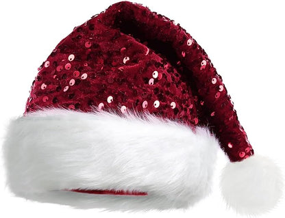 Queenmore Adult's Christmas Santa Claus Hat, Plush Santa Cap, Velvet Headwear, Lined and Fabric-Shedding Resistant
