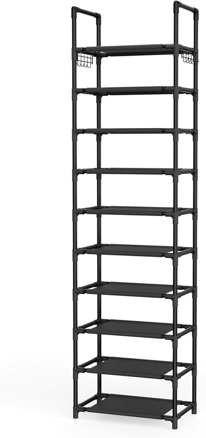 LANTEFUL 10 Tiers Shoe Rack 25 Pairs Large Capacity Tall Shoe Organizer Sturdy Shoe Storage with Two Hooks Space Saving Metal Narrow Shoe Rack for Closet, Entryway, Bedroom, Black