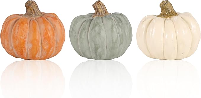 Set of 3 Decorative Pumpkins – Resin Fall Harvest Décor in White, Sage Green & Orange, Rustic Autumn Table Centerpiece for Thanksgiving Farmhouse Home Decoration (White)