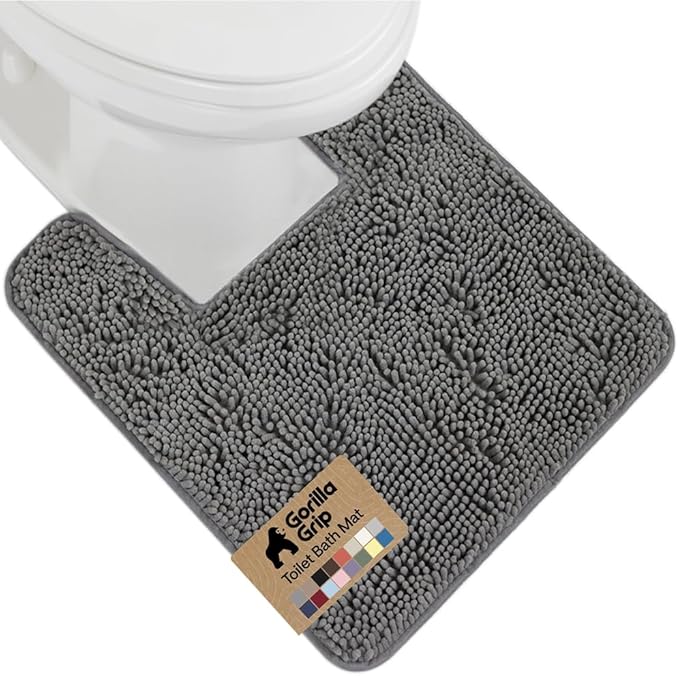 GORILLA GRIP Plush Absorbent Shaggy Chenille Bath Rug Mat for Square Toilet Base with Rubber Backing, Machine Washable Rugs, Soft Microfiber Contour Mats for Toilets, Bathroom Decor, Grey