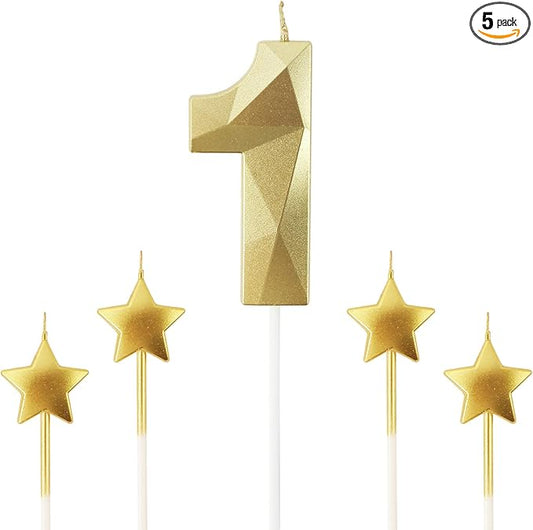 Golden Number 1 2.76 inch 3D Diamond Shaped Birthday Candles - Suitable for Birthday Parties and Anniversary Cake Decorations