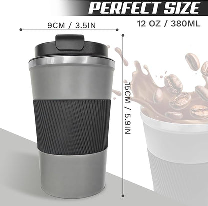 Vacuum-Insulated Stainless Steel Travel Coffee Mug, Leak-Proof Reusable Coffee Cup with Lid-Keeps Drinks Hot & Cold for Hours, Durable Double Wall Tumbler for Men & Women (3rd-Grey, 12OZ)