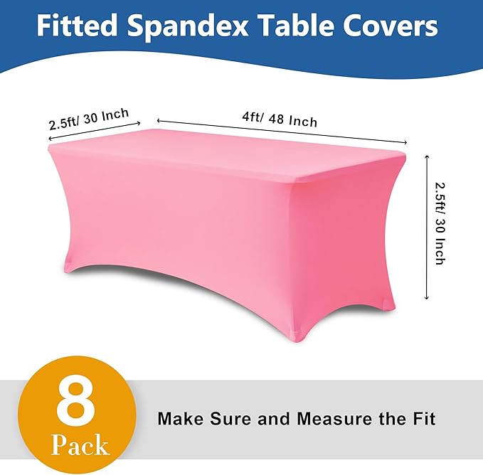 Table Cover for 4 Foot Rectangle Tables-8 Pack Pink Fitted Stretch Tablecloth-Elastic Spandex 4ft Folding Tablecloths for Party, Wedding, Banquet Buffet Event, Craft Trade Show