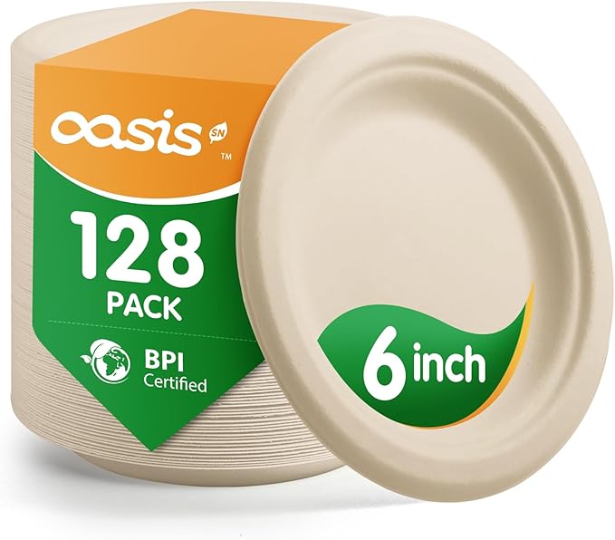 𝟔 𝐈𝐧𝐜𝐡, 𝟏𝟐𝟖-𝐏𝐚𝐜𝐤 Compostable Paper Plates, Heavy-Duty Biodegradable Disposable Dish Made from Bagasse, Perfeck for Snacks, Desserts, Party, Wedding and More (Nature)