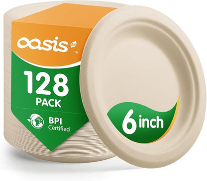𝟔 𝐈𝐧𝐜𝐡, 𝟏𝟐𝟖-𝐏𝐚𝐜𝐤 Compostable Paper Plates, Heavy-Duty Biodegradable Disposable Dish Made from Bagasse, Perfeck for Snacks, Desserts, Party, Wedding and More (Nature)