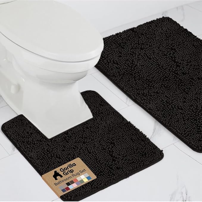 GORILLA GRIP Bathroom Rug Sets, Soft Chenille 2 Piece Area Rugs Set, Toilet Base Mat and 30x20 Carpet, Absorbent Microfiber Washable Mats Dry Quickly, Home Décor and Bath Room Accessories, Black