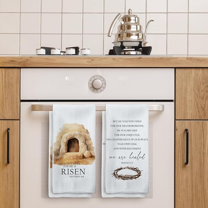 He is Risen Easter Kitchen Towels Set of 2, Christian Easter Hand Towels, EasterBible Verse Dish Towels Tea Towels for Kitchen, Religious EasterGifts, EasterKitchen Bathroom Decor, 16x24 Inch