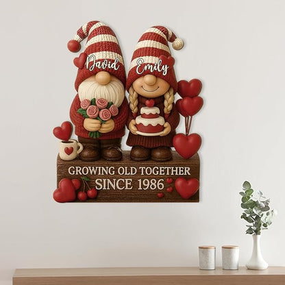 Growing Old Together Gnomes Wooden Sign, Valentine Gifts for Him Her Wife Husband, Custom Wood Plaque Anniversary Cute Couples Gift, Christmas Gift For Parents, Grandparents Decorations Sign 36