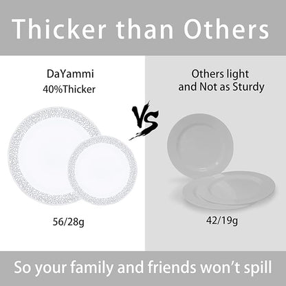 DaYammi 210PCS Silver Plastic Dinnerware Set, Silver Disposable Plates, Includes:30 Dinner Plates,30 Salad Plates,30 Cups 9 OZ and 30 Pre Rolled Napkins with Cutlery Heavy Duty for Party