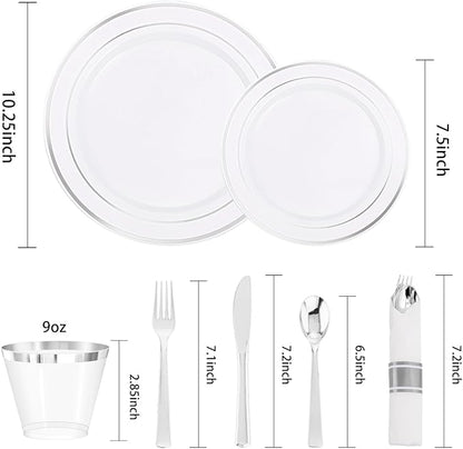 DaYammi 210PCS Silver Plastic Dinnerware Set for 30 Guests, Fancy Disposable Plates for Party, Include: 30 Dinner Plates, 30 Dessert Plates, 30 Pre Rolled Napkins with Silver Silverware, 30 Cups