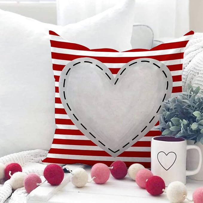 GEEORY Valentines Day Pillow Covers 20x20 inch Set of 4 for Valentines Decor Red White Stripes Dots Love Heart Valentines Day Throw Pillows Decorative Cushion Cases Valentine Decorations