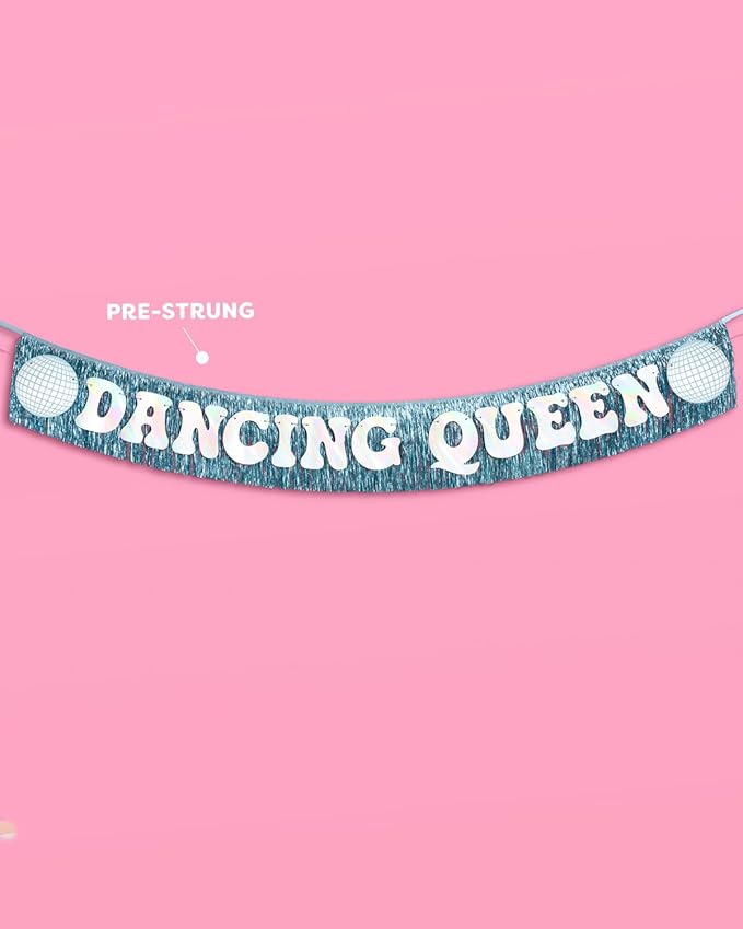 xo, Fetti Dancing Queen Fringe Banner - Iridescent & Blue Fringe, 5 Ft. | Disco Bachelorette Decorations, 70s Backdrop, Groovy Birthday Party, Boogie Bach Backdrop