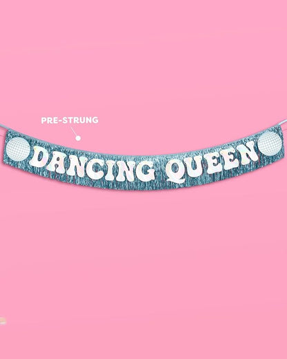 xo, Fetti Dancing Queen Fringe Banner - Iridescent & Blue Fringe, 5 Ft. | Disco Bachelorette Decorations, 70s Backdrop, Groovy Birthday Party, Boogie Bach Backdrop