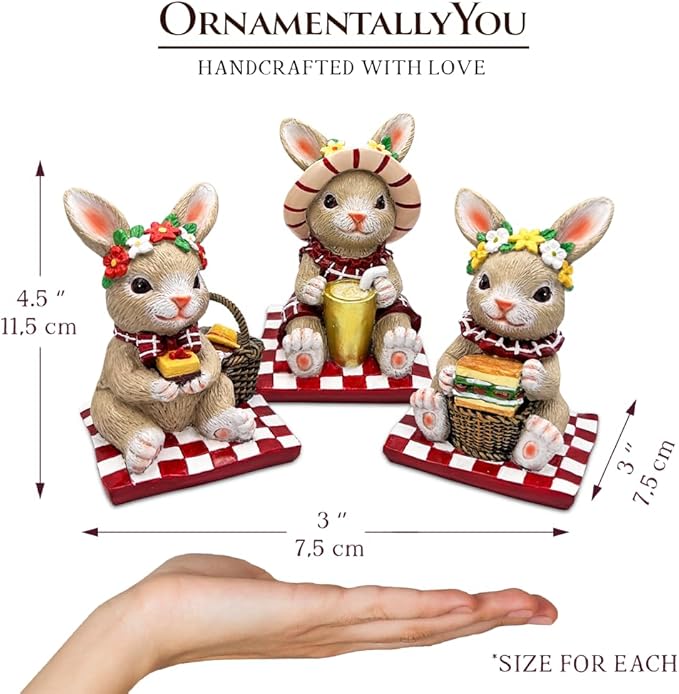 OrnamentallyYou Sweet Easter Decoration for Indoor & Outdoor (Joyful Picnic Gathering Bunny Trio Set of Three Figurines, Spring Rabbit Statue 4.5" Decor)