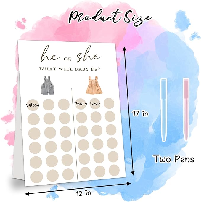 Gender Reveal Party Games, Clothing Baby Gender Reveal Voting Board Sign, 48 Boy Girl Voting with Two Pens, He or She, Baby Gender Reveal Party Decorations Games for Boy or Girl Shower