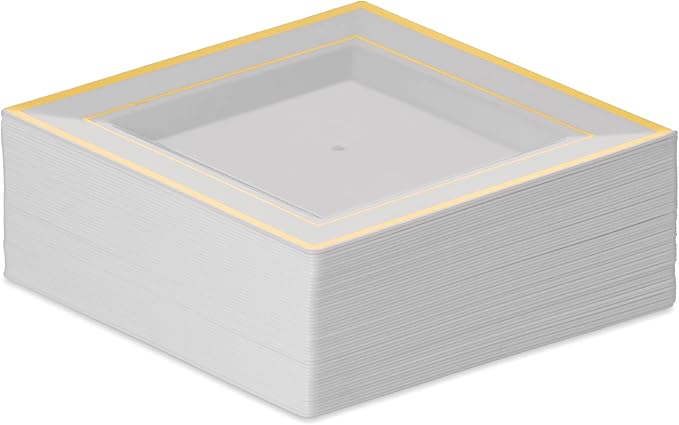 BloominGoods Plastic Disposable Square Dessert Plates | 50-Pack 6.5 inches White with Gold Rim Square Plates | Ideal for Weddings, Parties, Catering | Heavy Duty & Non Toxic