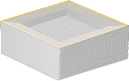 BloominGoods Plastic Disposable Square Dessert Plates | 50-Pack 6.5 inches White with Gold Rim Square Plates | Ideal for Weddings, Parties, Catering | Heavy Duty & Non Toxic