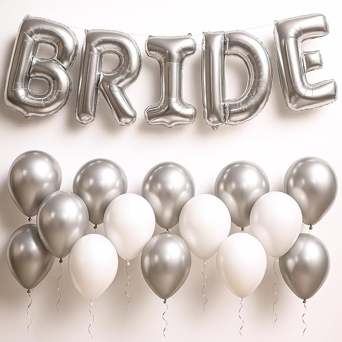 KatchOn, 23pcs Silver Bride Balloons Set - 16 Inch, Silver & White, for Bachelorette Party Decorations