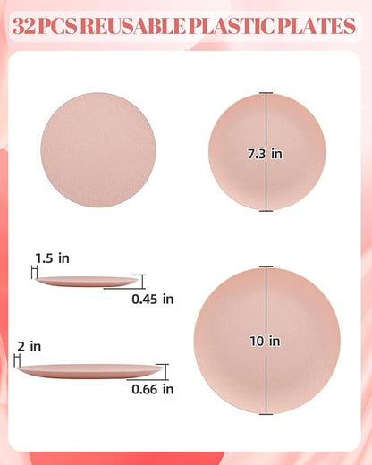 WONDERFUL 32pcs Pink Plastic Plates - Unbreakable and Reusable Pink Plates Dishwasher safe Dishes Set Includes:16 Dinner Plate 10" and 16 Dessert Plate 7.3" for Wedding Thanksgiving Christmas