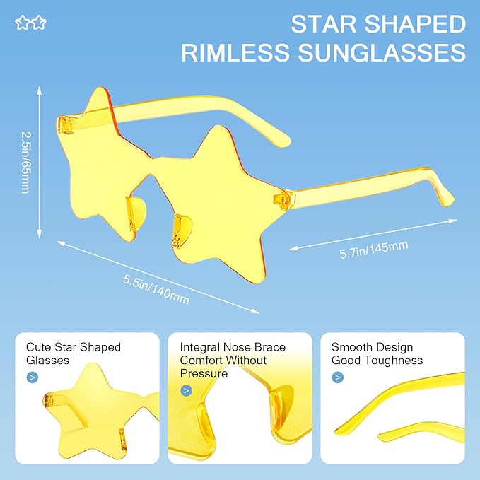 Matcheck 40 Pack Star Shaped Rimless Sunglasses Bulk Transparent Candy Colored Glasses Frameless Party Eyewear for Adults
