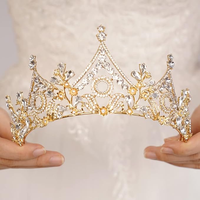 Wekicici Baroque Queen Crown Gold Crystal Tiara Rhinestone Princess Wedding Headband for Women Birthday Pageant Party(Gold)