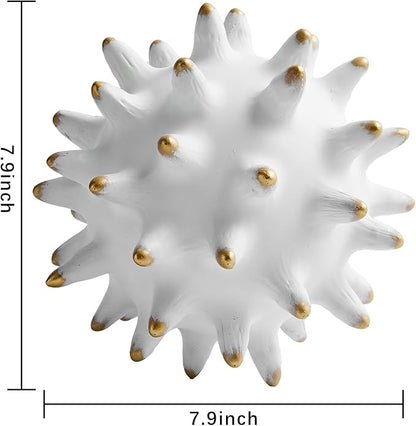 8” White Decorative Balls Sphere Statue for Modern Home Accent Decor Coffee Table Bookshelf Beach Office Living Room, Sea Urchin Spike Ball Decoration, Abstract Sculpture Centerpiece (Resin/Gold Tips)