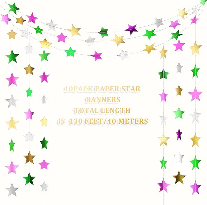 Patelai Glitter Star Garland Banner Christmas Decor 130 Feet Star Hanging Bunting Banner Twinkle Backdrop for Homecoming Classroom Wedding Birthday Halloween Party Supplies(Green,Pink,Gold,Silver)