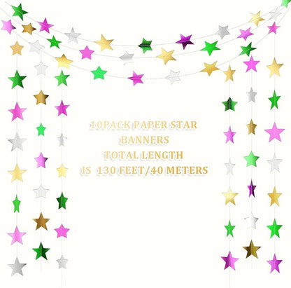 Patelai Glitter Star Garland Banner Christmas Decor 130 Feet Star Hanging Bunting Banner Twinkle Backdrop for Homecoming Classroom Wedding Birthday Halloween Party Supplies(Green,Pink,Gold,Silver)