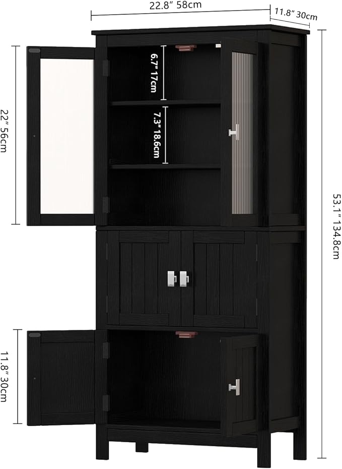53.1" H Tall Bathroom Storage Cabinet, Bathroom Floor Cabinet with 6 Doors and Adjustable Shlef, Linen Cabinet, Pantry Cabinet for Living Room, Kitchen, Entryway, Black