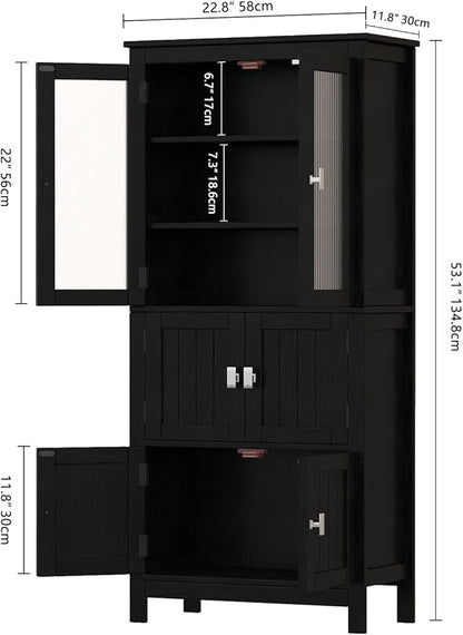53.1" H Tall Bathroom Storage Cabinet, Bathroom Floor Cabinet with 6 Doors and Adjustable Shlef, Linen Cabinet, Pantry Cabinet for Living Room, Kitchen, Entryway, Black