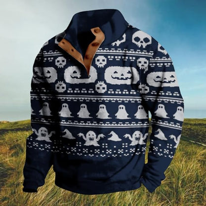 Mens Western Halloween Hoodie Button Up Henley Shirt Cowboys Sweatshirt Men Graphic Long Sleeve Pullover Tops