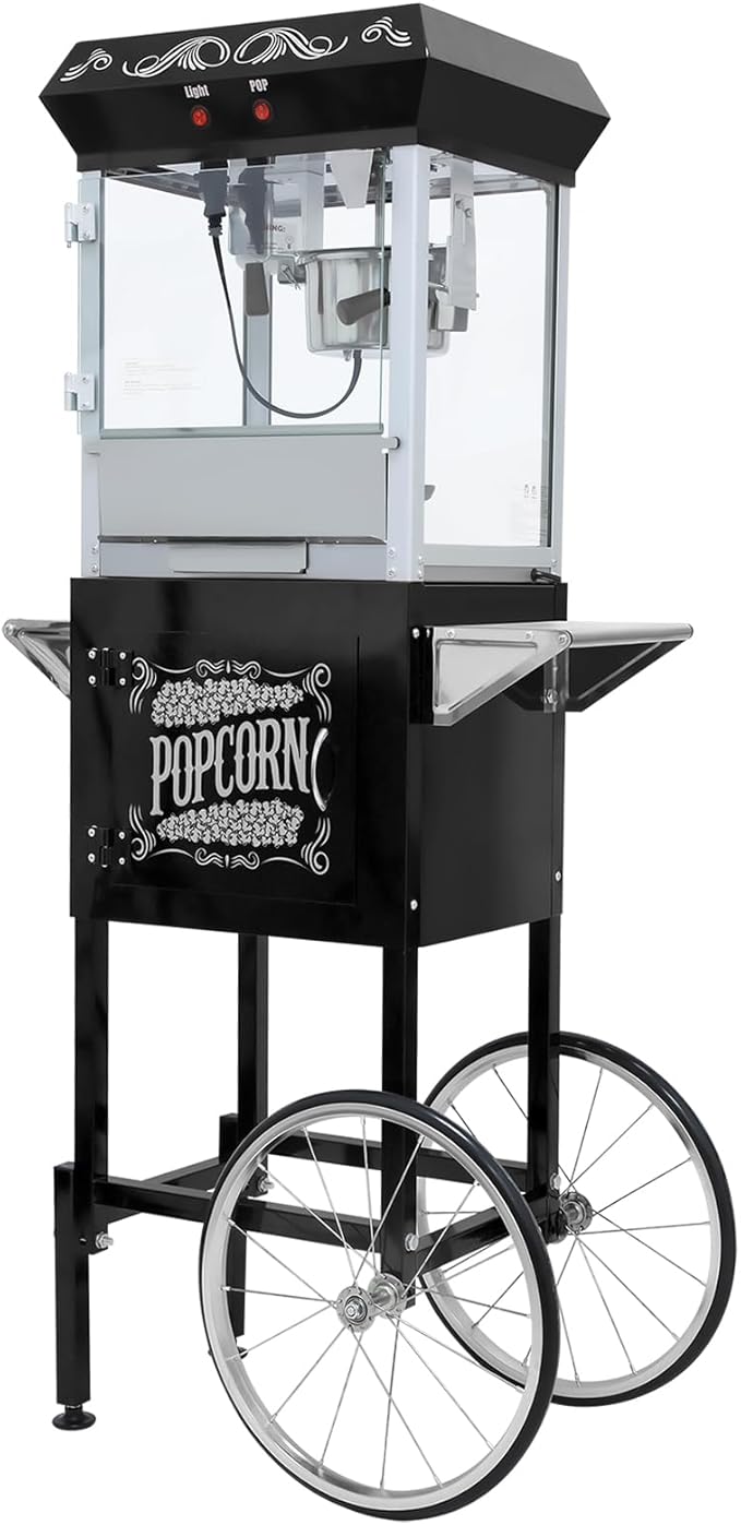 Commercial Popcorn Machine with Cart in Sleek Black - 8oz Kettle Pops 32 Cups/Batch, with Warming Lamp, Glass Door & Wheels for Theater, Parties