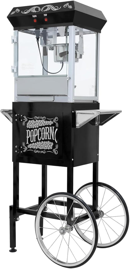 Commercial Popcorn Machine with Cart in Sleek Black - 8oz Kettle Pops 32 Cups/Batch, with Warming Lamp, Glass Door & Wheels for Theater, Parties