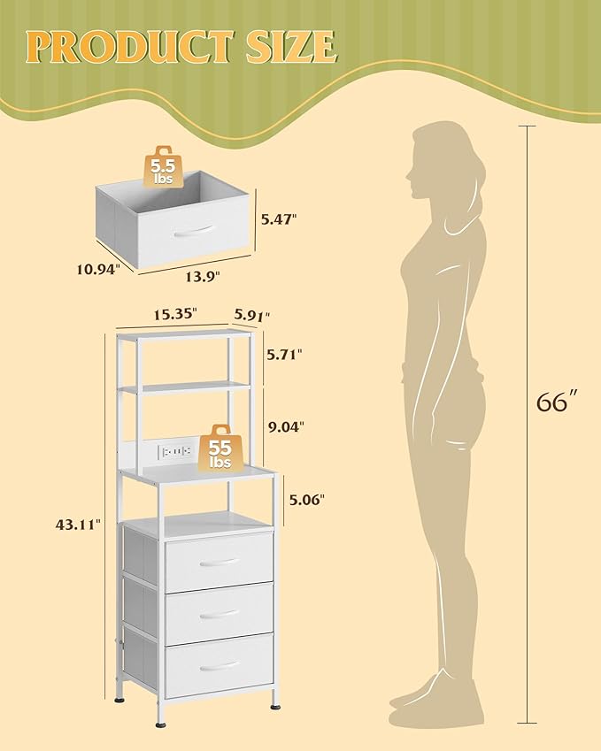 WLIVE Tall White Nightstand with Charging Station, LED Night Stand with 3 Fabric Drawers and Storage Open Shelves, Bedroom Nightstand Table, Bed Side Table for Living Room