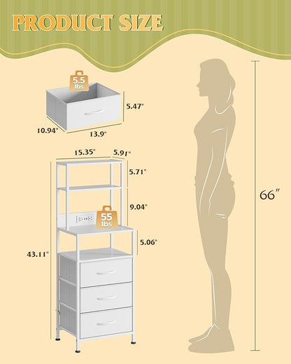 WLIVE Tall White Nightstand with Charging Station, LED Night Stand with 3 Fabric Drawers and Storage Open Shelves, Bedroom Nightstand Table, Bed Side Table for Living Room