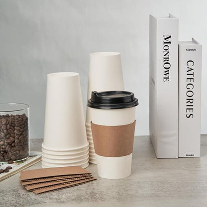 RACETOP 100 Pack Disposable Paper Coffee Cups with Lids & Sleeves, 16 oz, for Party, Church, Travel and Home