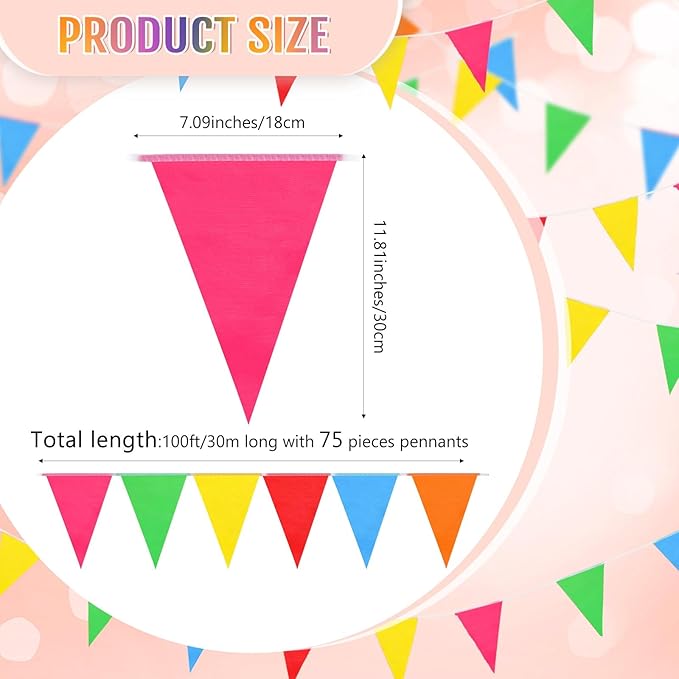 100 Feet Pennant Banners Flags 75 Solid String Triangle Flags for Grand Opening, Carnival Theme Birthday Party Decoration Outdoor Events Classroom Decoration(Bright Color)