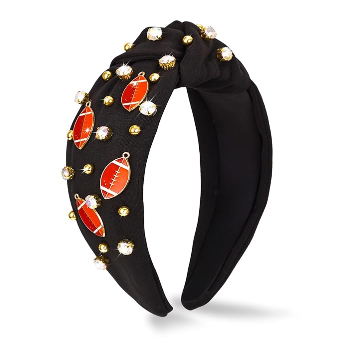 Football Headband for Women, Rhinestone Wide Jeweled Fashion Knotted Hairband for Game Day, Football Costume Sports Hair Accessories for Football Mom Cheer Fans Party Gift - Black
