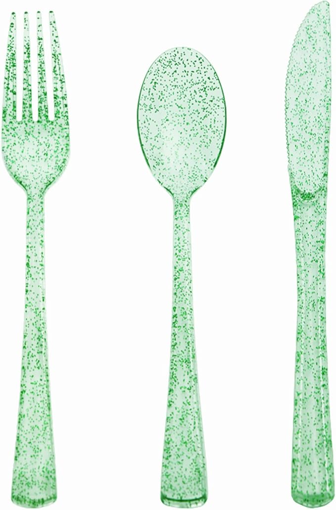150 PCS Green Plastic Silverware, Green Glitter Plastic Utensils - 50 Forks, 50 Knives, 50 Spoons for Birthday, Baby Shower, Picnic, Graduation Party