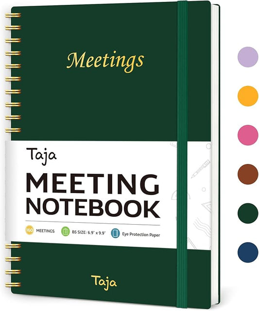 Taja Meeting Notebook for Work Organization - Work Planner Notebook with Action Items, Agenda Planner for Note Taking, 160 Pages (6.9" X 9.9") Project Organizer for Men & Women - Dark Green