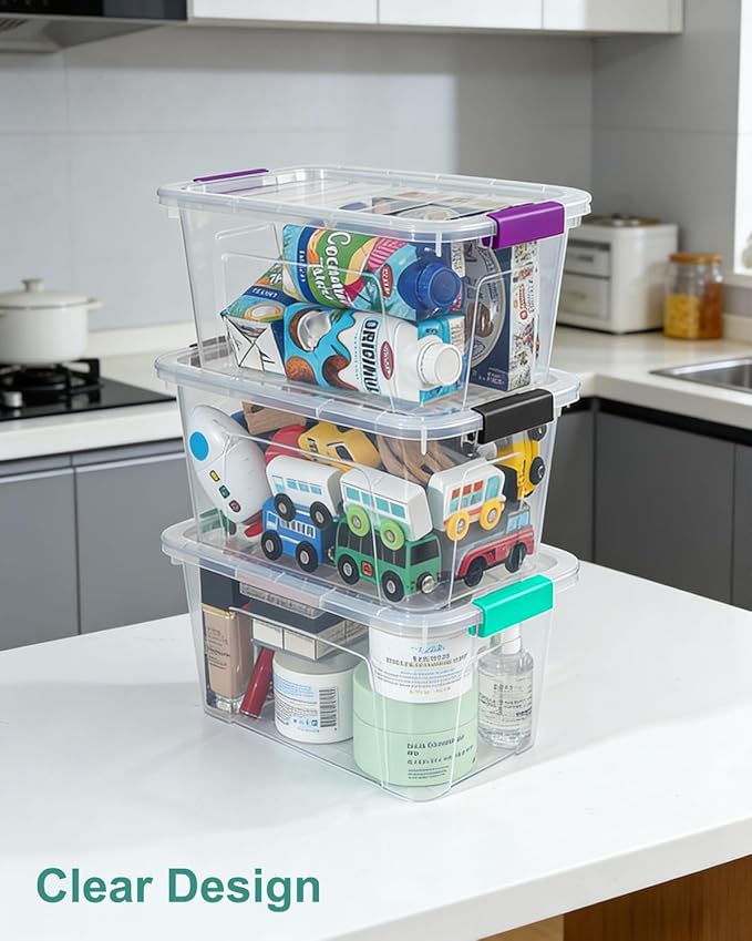 Clear Storage Bins with Lids 6 Pack, 7 Qt Stackable Storage Containers with Buckle Lock, Durable Plastic Containers & Storage Box Organizer for Pantry, Bathroom, Closet & Office Use