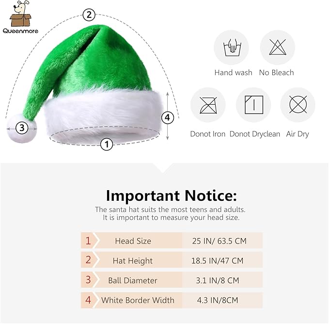 Queenmore Adult's Christmas Santa Claus Hat, Plush Santa Cap, Velvet Headwear, Lined and Fabric-Shedding Resistant