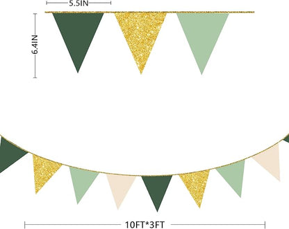 Sage Green Gold Party Decorations Pennant Banner Flag Oilve Green Cream Beige Gold Hanging Glitter Paper Triangle Bunting for Neutral Baby Shower Birthday Wedding Woodland Jungle Safari Party Supplies