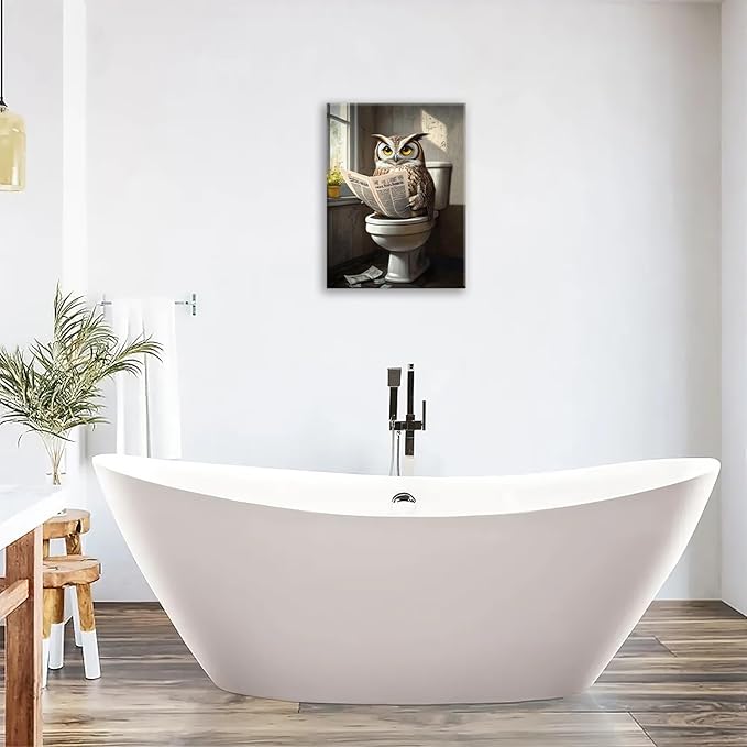 Owl Bathroom Wall Art, Funny Owl Toilet Pictures Wall Decor, Bird Canvas Prints, Animal Painting, Framed Artwork for Bathroom Living Room Bedroom Office Dining Room 24"X16"