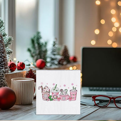 Pink Christmas Coffee Bar Decor for Home Pink Hot Chocolate Decorations Christmas Decorations for Home Merry Xmas Decor for Office Table 5 x 5 Inches